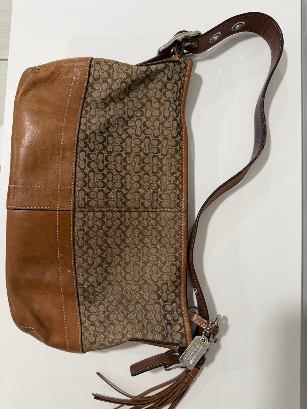 Coach Tan & Brown Signature Canvas Shoulder Bag with Leather Trim